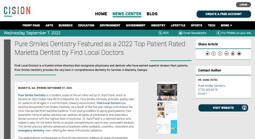 Screenshot of an article titled: Pure Smiles Dentistry Featured as a 2022 Top Patient Rated Marietta Dentist by Find Local Doctors