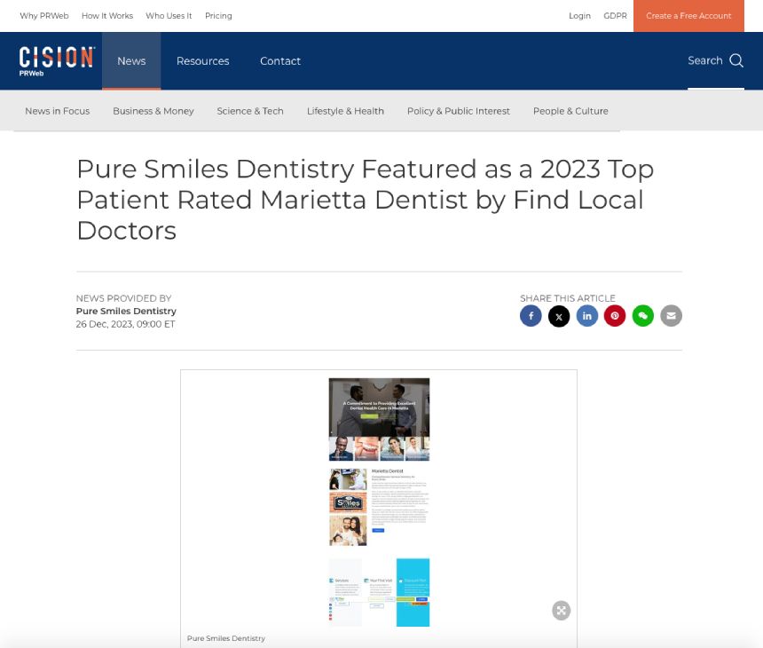 Pure Smiles Dentistry Featured as a 2023 Top Patient Rated Marietta Dentist by Find Local Doctors