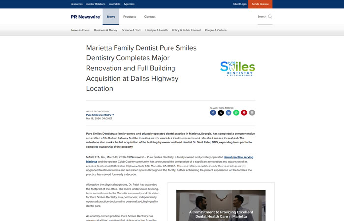 screenshot of article titled: Marietta Family Dentist Pure Smiles Dentistry Completes Major Renovation and Full Building Acquisition at Dallas Highway Location